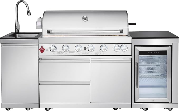 82-inch 6-Burner Gas Grill 85,000 BTU Outdoor Kitchen Barbecue | Stainless Steel Grill Island with Sink, Storage Cabinets, and Wine Refrigerator,Backyard, Patio, Lawn, Silver