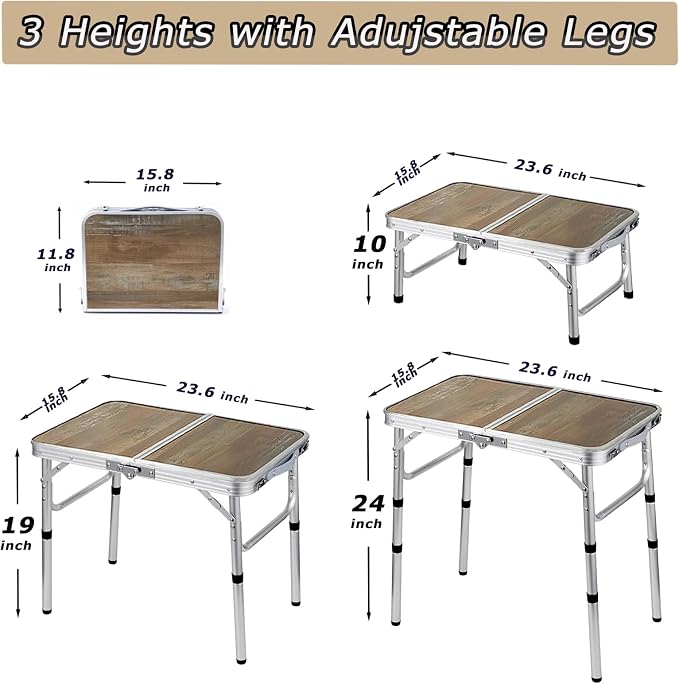 YihuiKo Small Folding Table, Portable Picnic Table with Adjustable Height | Storage Mesh Layer, Carrying Handle, Lightweight Folding Table, For Outdoor/Indoor, Aluminum Alloy Frame, 16"x 24"x 24"