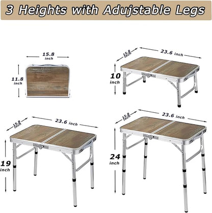 YihuiKo Small Folding Table, Portable Picnic Table with Adjustable Height | Storage Mesh Layer, Carrying Handle, Lightweight Folding Table, For Outdoor/Indoor, Aluminum Alloy Frame, 16"x 24"x 24"