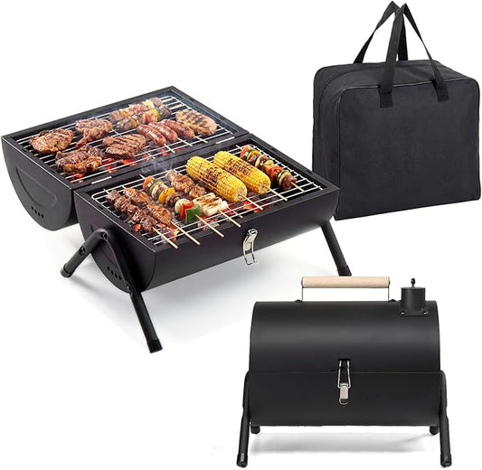ROVSUN Portable Charcoal Grill with Storage Bag, Small Tabletop Barbecue Grill with Double Sides Grill Surface, Heavy Duty For Outdoor Cooking, Camping, Backyard Using