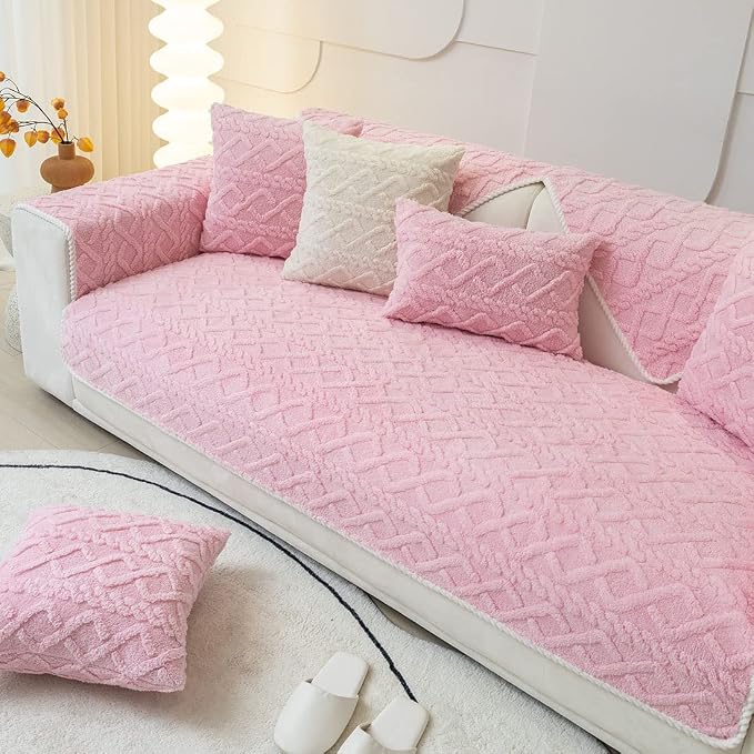 vctops Geometric Jacquard Plush Sofa Couch Covers Farmhouse Neutral Non Slip Sectional Couch Cover Soft Warm Sofa Slipcover for Dogs, Children, Pets Furniture Protector (Pink,36"x47")