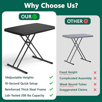 Folding Table 2 Pack,30 Inch-Small Desk Adjustable Height TV Tray for Laptop, Couch, Camping - Heavy Duty Utility Foldable Table for Small Spaces, No Assembly Required, Black Granite