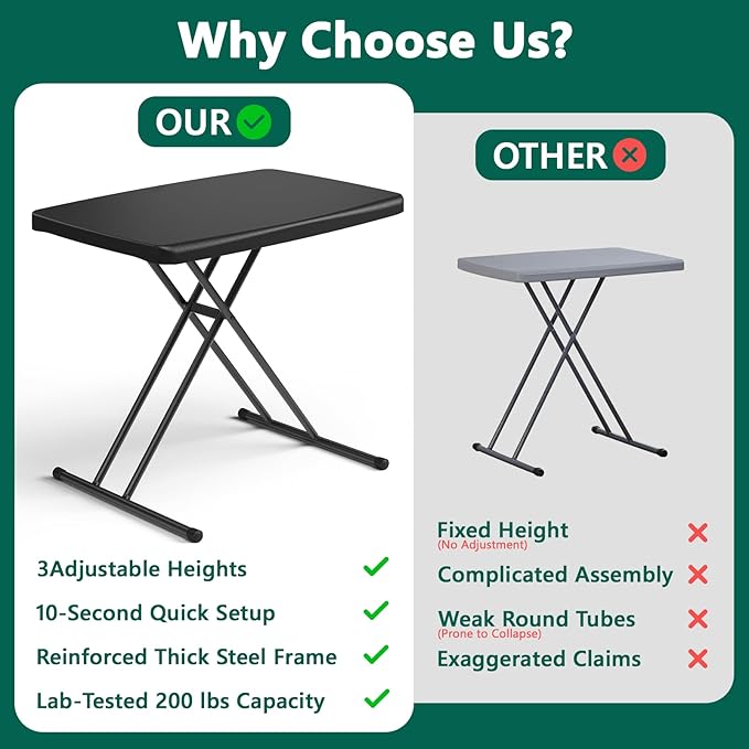 Folding Table 30 Inch - Small Desk Adjustable Height TV Tray for Laptop, Couch, Camping - Heavy Duty Utility Foldable Table for Small Spaces, No Assembly Required, Snowy Granite (Black)