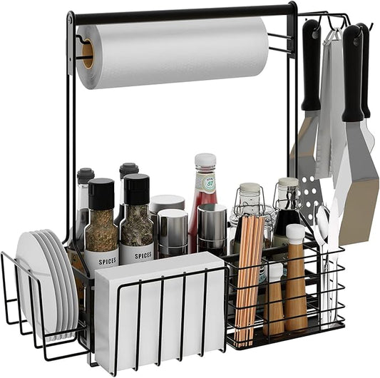 BBQ Caddy, Grill Caddy for Outdoor Grilling with Paper Towel Holder, Grill Utensil Caddy, Outdoor Kitchen Barbecue Accessories for Camper, Tailgate Essentials, Grilling Gifts for Men