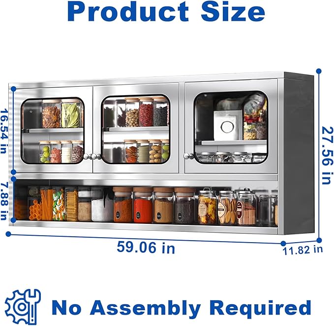 ZZV Kitchen Wall Cabinet, Stainless Steel Wall Mounted Cabinet with Adjustable Shelves, Industrial Wall Storage Cabinet for Garage, Warehouse, No Assembly Required, 11.82D x 59.06W x 27.56H in