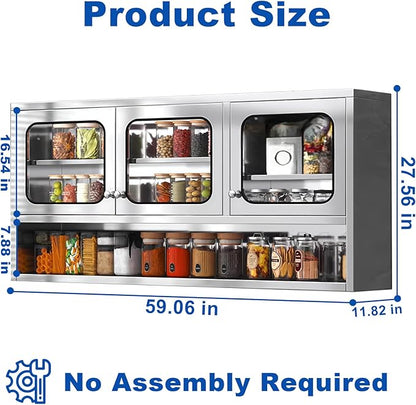 ZZV Kitchen Wall Cabinet, Stainless Steel Wall Mounted Cabinet with Adjustable Shelves, Industrial Wall Storage Cabinet for Garage, Warehouse, No Assembly Required, 11.82D x 59.06W x 27.56H in