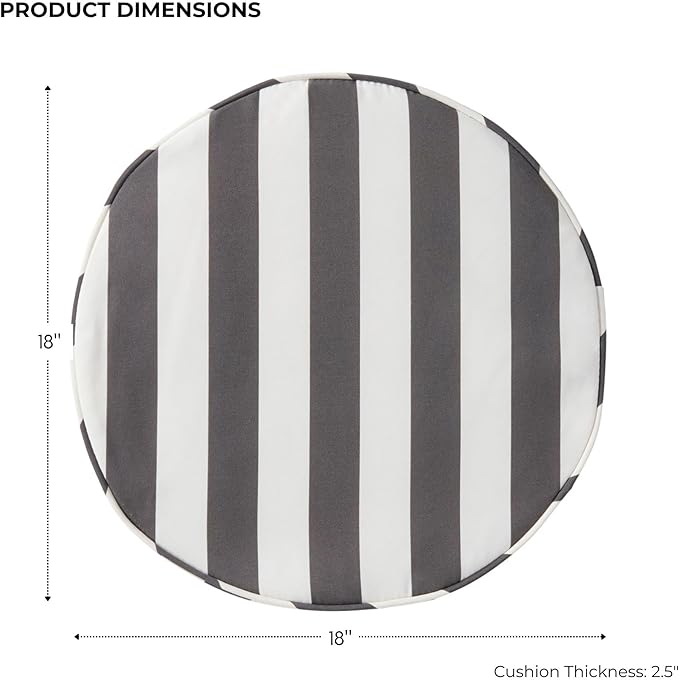 Set of 2 Outdoor 18 inch Round Patio Dining Chair Pads – Comfortable Fiber-Filled Seat Cushions with Ties, Reversible Polyester Fabric - Canopy Stripe Gray