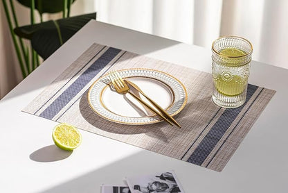 LEXMORE PlaceMats Set of 12 Vinyl/Plastic Woven Place Mats for Kitchen Table Indoor/Outdoor Washable PlaceMat Wipeable Dining Table Mats(Blue Skyline)