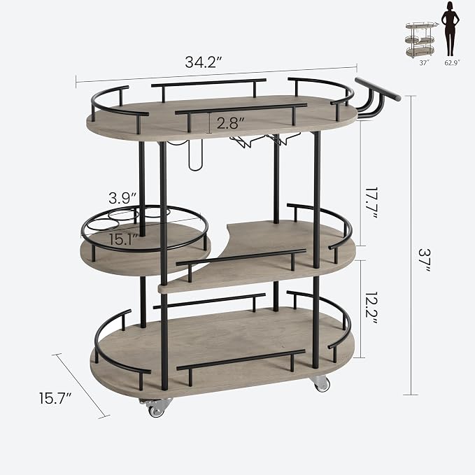 GarveeHome 3-Tier Bar Cart on Wheels, Mobile Serving Cart with Wine Rack and Glass Holder, Metal Kitchen Utility Cart for Coffee Station, Mini Home Bar, Dining Room - Black+Grey