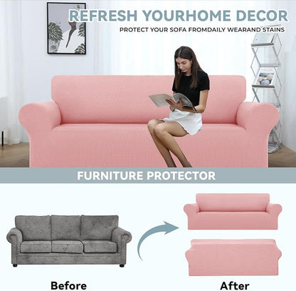 LURKA Stretch Couch Cover for Sofa, 1 Piece 3 Cushion Slipcover, Pink | Soft Stretch Jacquard, Fits 78"-94" Sofas, Elastic Bottom for Secure Fit, Machine Washable, Pet & Kid Friendly