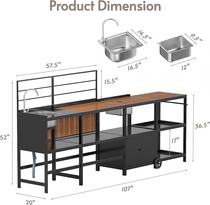 ENSTVER Modular Outdoor Kitchen with All-Aluminum Island & Cabinets, Stainless Steel Sink, Food-Safe Countertop, Outdoor Kitchen Island for Patio, Deck, Backyard,Black