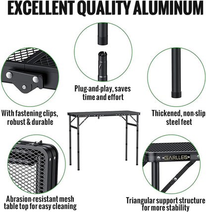 GARLLEN Folding Grill Table Max Capacity 66lbs, 3 Adjustable Height Portable Folding Camping Table with Heat-Resistant Mesh Tabletop, Aluminum Picnic Table for Outdoor, BBQ, Camping, 34.2"L x 15.7"W