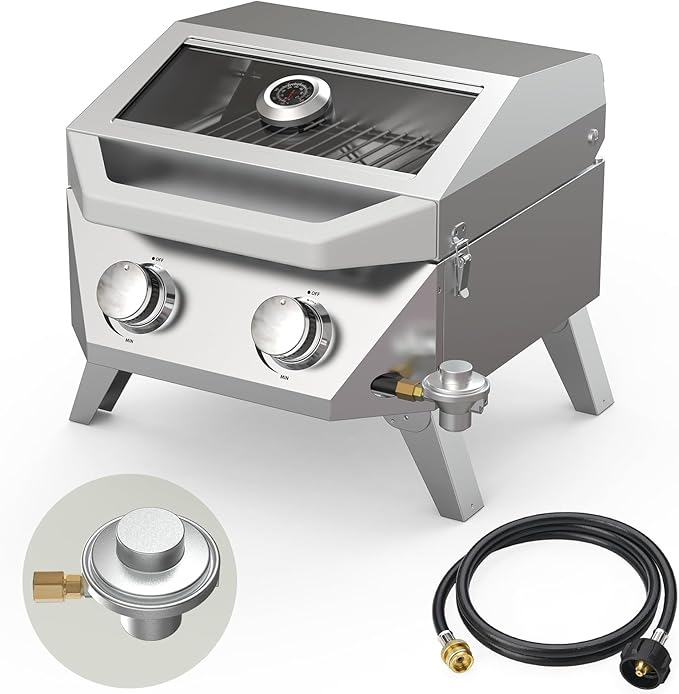 BESTFIRE 2-in-1 Portable Propane Grill, 20,000 BTU 2-Burner Tabletop Gas Grill for Camping & RV, Stainless Steel BBQ with Viewing Glass Lid, Thermometer & Dual-Gas Connection