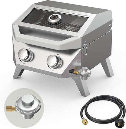 BESTFIRE 2-in-1 Portable Propane Grill, 20,000 BTU 2-Burner Tabletop Gas Grill for Camping & RV, Stainless Steel BBQ with Viewing Glass Lid, Thermometer & Dual-Gas Connection