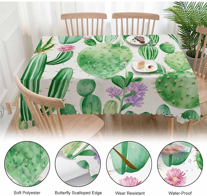 Cactus Dinner Tablecloth Table Cover, Blooming Cactus Succulents Flowers Green 52x70 Inch Table Cloth Dust-Proof Table Cover Protector for Home Restaurant Picnic Camping BBQ