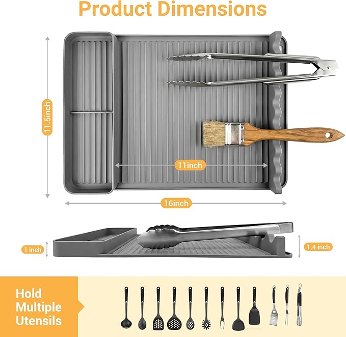 Silicone Grill Mat for Blackstone Griddles & Outdoor Grills - Heat Resistant (450°F) Countertop Protector, Non-Slip Tool Organizer & Grease Catcher, 16x11.5 Inch(Grey)