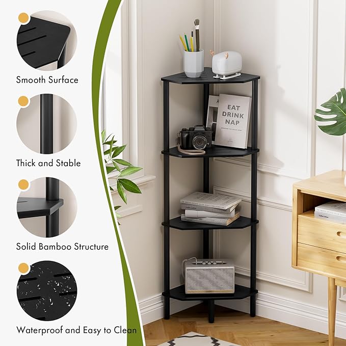 Corner Shelf Stand, 4 Tier Corner Bookshelf, Bamboo Storage Standing Shelf Unit, Tall Storage Plant Stand,Bookcase for Living Room, Home Office, Bedroom, Kitchen, Black