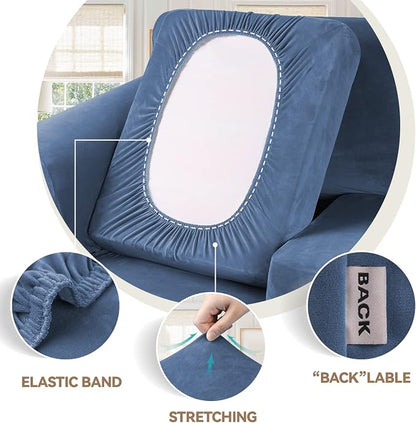 WEERRW Velvet Stretch 3 Pieces Couch Cover for Sofa Washable, Light Blue | Love Seat Couch Covers for 2 Cushion Couch Sofa Furniture Protector slipcoves with Elastic Bottom for Kids, Medium