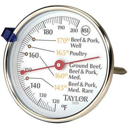 Taylor Leave-in Meat Oven Safe Compact Analog Dial Meat Food Grill BBQ Kitchen Cooking Thermometer, 3 inch dial, Stainless Steel