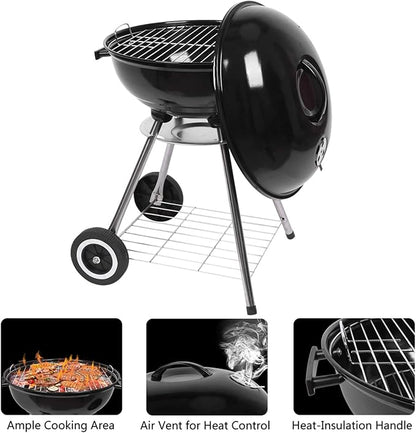 Black 18 Inch Charcoal Grill, Portable BBQ Stove with Wheel, Outdoor Camping Kettle Barbecue for Garden Patio,Rollable Side Wheel for Easy Mobility,18 Inch Charcoal Grill, Portable BBQ Stove