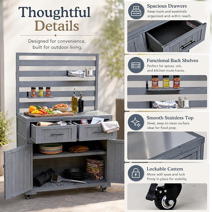 Outdoor Kitchen Island Cart with Stainless Steel Top, Grill Prep Table | Solid fir wood frame, stainless steel top, 64.9 in height, 3 movable shelves, lockable wheels, 110 lb top, BBQ and garden use