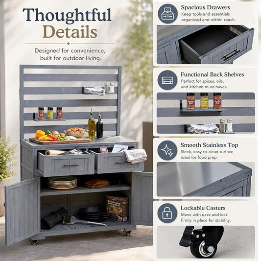 Outdoor Kitchen Island Cart with Stainless Steel Top, Grill Prep Table | Solid fir wood frame, stainless steel top, 64.9 in height, 3 movable shelves, lockable wheels, 110 lb top, BBQ and garden use