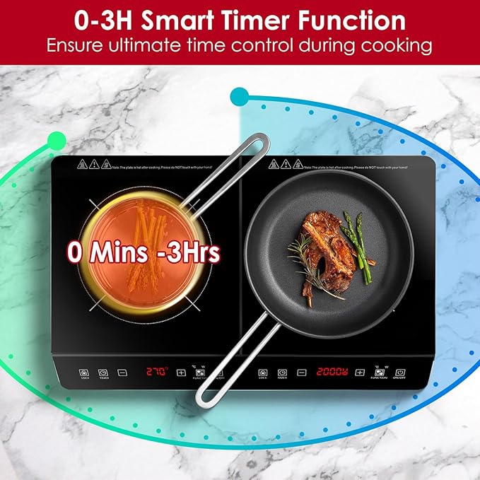 Double Induction Cooktop, 4000W Hot Plate Electric Stove for Countertop Portable 2 Burner Induction Cooktop with 9 Levels Settings, Child Safety Lock & Timer