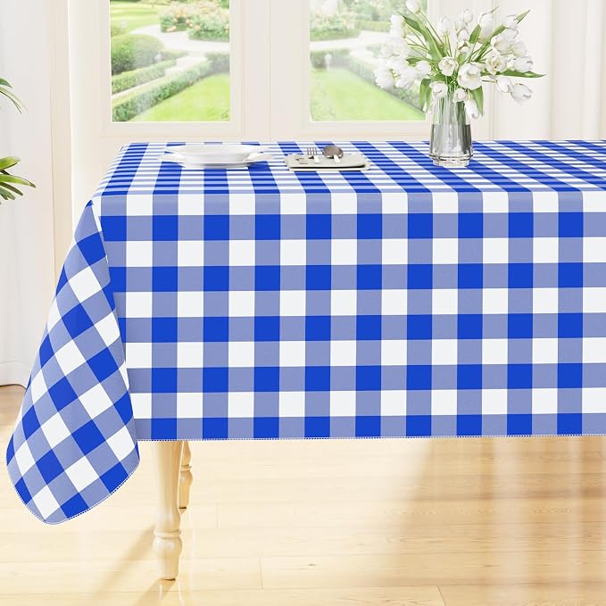 Smiry Picnic Table Cloth, Vinyl Tablecloths with Flannel Backing, 70"x120" | Waterproof Rectangle Table Cloth, Wipeable Buffalo Plaid Table Cover for Indoor and Outdoor (Blue & White)