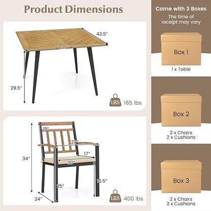 Tangkula 5 Pieces Patio Dining Set, Outdoor Dining Table and Chairs with Cushions, 42.5” Square Acacia Wood Dining Table with 1.9” Umbrella Hole, Outdoor Furniture Set for Backyard, Garden, Poolside