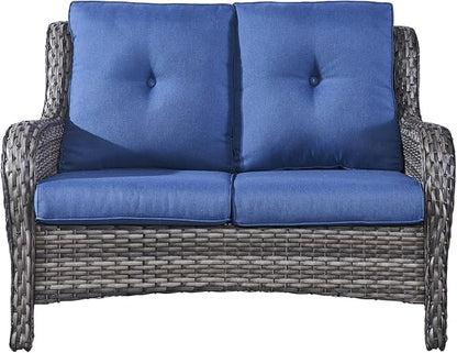 Rilyson Luxury Patio Outdoor Wicker Loveseat 500 Lbs Weight Capacity, Rattan Outdoor 2 seat Sofa Wicker with Deep Seating and Replaceable Cushions for Outside Porch Deck Balcony (Mixed Grey/Blue)