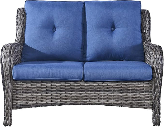 Rilyson Luxury Patio Outdoor Wicker Loveseat 500 Lbs Weight Capacity, Rattan Outdoor 2 seat Sofa Wicker with Deep Seating and Replaceable Cushions for Outside Porch Deck Balcony (Mixed Grey/Blue)