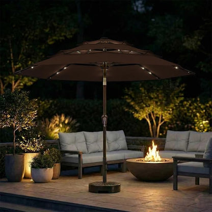 10FT Patio Umbrella 3 Tiers with LED Light Outdoor Market Umbrella w/Push Button Tilt, Crank, UV and Waterproof Table Umbrella for Garden, Pool, Backyard, Deck, Lawn, Brown