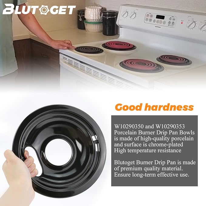 W10290350 W10290353 Porcelain Burner Drip Pan Bowls by Blutoget - Fit for Whirlpool Electric Range Stove Pans- 2 Pack 8-Inch and 2 Pack 6-Inch Pans(Black Porcelain),W10288051 Electric Stove Drip Pans