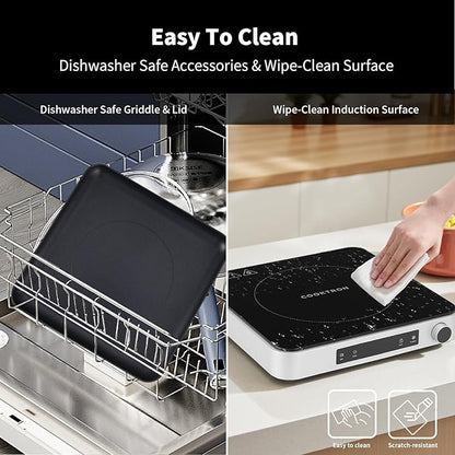 Cooktron 2-in-1 Induction Cooktop with Grill Pan – Portable 1 Burner Induction Hot Plate 1800W, Removable Griddle, 10 Power & 5 Temp Levels, Touch & Knob Control for Kitchen or RV Camping