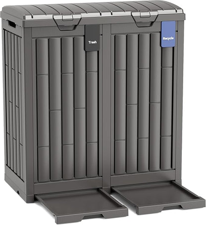 Outdoor Trash Can, 60 Gallon Garbage Can with Tiered Lid and Drip Tray, Waterproof Resin Waste Bin for Patio, Garden, Backyard, Deck, Brown