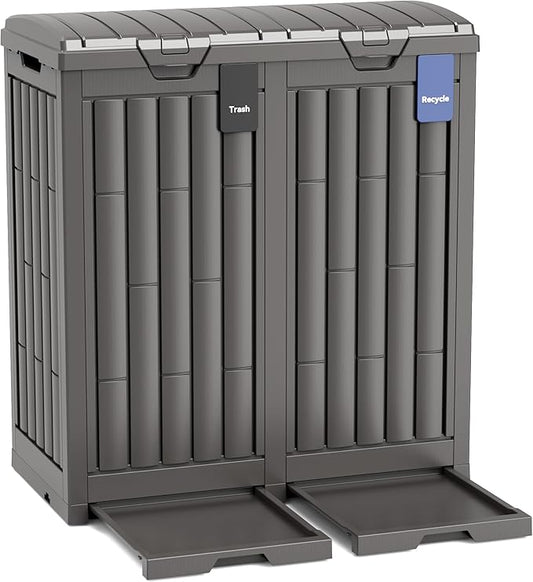 Outdoor Trash Can, 60 Gallon Garbage Can with Tiered Lid and Drip Tray, Waterproof Resin Waste Bin for Patio, Garden, Backyard, Deck, Brown