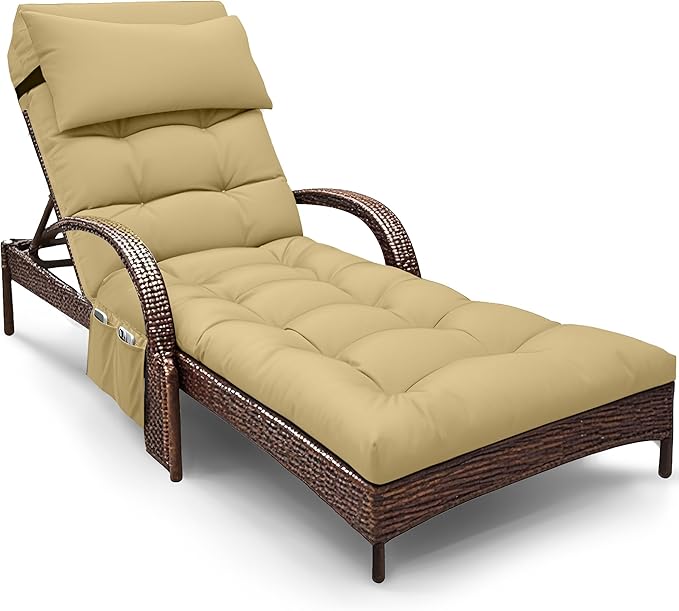 Outdoor Chaise Lounge Chair Cushion, Waterproof Outdoor Chair Cushions for Patio Furniture, 71 x 21 x 4 Inches Replacement Chaise Lounge Cushion with Ties (Khaki)