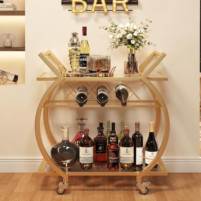 LVB Gold Bar Cart with Glass, Bar Cart with Wheels, Wine Cart with Storage | 2 Tier Glass Shelves Home Bar Serving Cart with Wine Rack, Liquor Cart for Kitchen, Bar, Dinning Room
