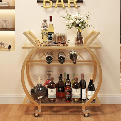 LVB Gold Bar Cart with Glass, Bar Cart with Wheels, Wine Cart with Storage | 2 Tier Glass Shelves Home Bar Serving Cart with Wine Rack, Liquor Cart for Kitchen, Bar, Dinning Room