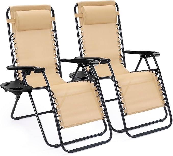NEWBULIG Zero Gravity Chairs Set of 2, Folding Lounge Chair, Khaki | Portable Lawn Camping Recliner with Adjustable Pollow, Mesh Back, Cup Holder Trays for Pool Beach Patio