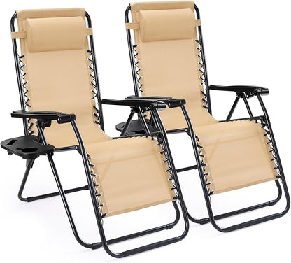 NEWBULIG Zero Gravity Chairs Set of 2, Folding Lounge Chair, Khaki | Portable Lawn Camping Recliner with Adjustable Pollow, Mesh Back, Cup Holder Trays for Pool Beach Patio