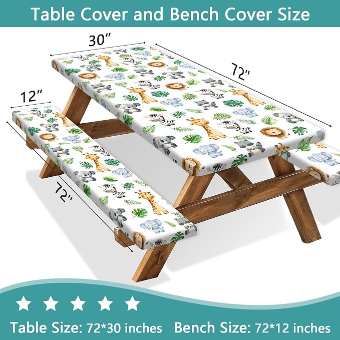 Jungle Safari Picnic Table Cover with Bench Covers, Camping Essentials, Animal Print Waterproof Windproof Table Cover, Fitted Tablecloth Cover with Elastic Edge, for Indoor & Outdoor 3 PCS 30x72 Inch