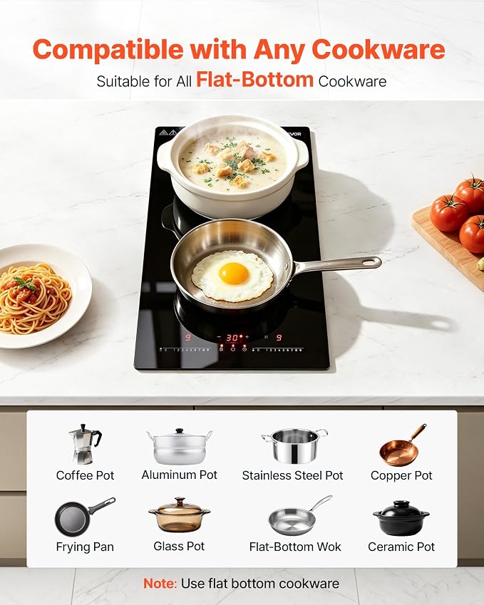 VEVOR Electric Cooktop 12inch 2 Burners Portable Stove Top 1800W 120V, Ceramic Countertop/Built-in Radiant Electric Stove, with 9 Power Levels, Timer, Child Lock, Over-Heat Guard, Touch Control