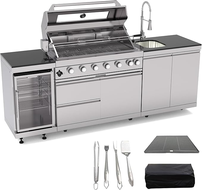 Outdoor Kitchen Island, 95.5 Inch 85000 BTU Propane Gas Grill Combination With Refrigerator and Sink, Outdoor Stainless Steel Barbecue Bar, 6 Burner Propane Grill for Patios, Gardens, Parties