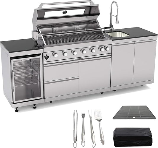 Outdoor Kitchen Island, 95.5 Inch 85000 BTU Propane Gas Grill Combination With Refrigerator and Sink, Outdoor Stainless Steel Barbecue Bar, 6 Burner Propane Grill for Patios, Gardens, Parties