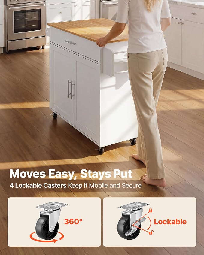 VEVOR Kitchen Island Cart with Storage, 42.28 in Wide Mobile Rolling Storage Island on Swivel Wheels, with Drawer, Storage Cabinet, Drop Leaf, Spice Rack, Table for Home Dining Room, White