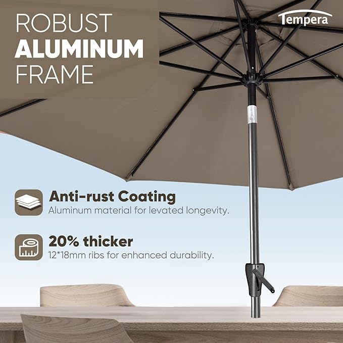 Tempera Patio Market Outdoor Table Umbrella with Push Button Tilt and Crank, Large Sun Umbrella with Sturdy Pole & Fade Resistant Canopy, Easy to Set