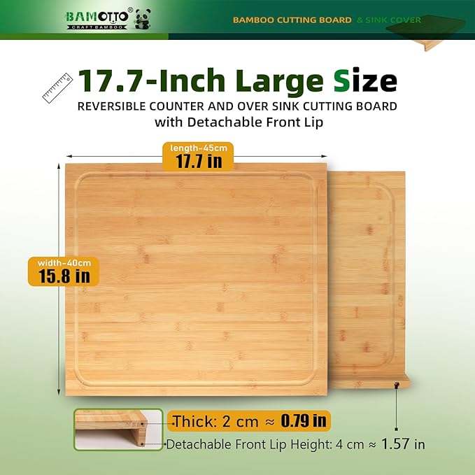 BAMOTTO CRAFTBAMBOO Large Bamboo Cutting Board 17.7"x15.8", Reversible Dual-Sided Juice Grooves, Detachable Front Lip for Counter Stability, Sink & Stovetop Cover