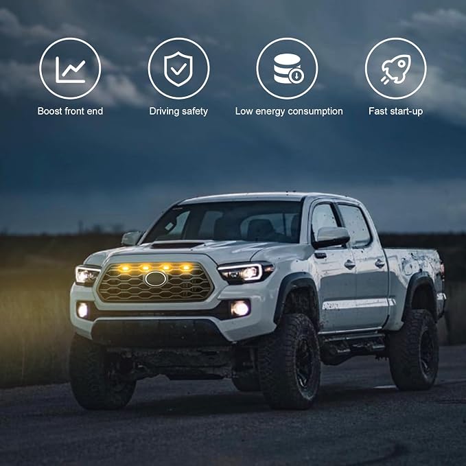 Seven Sparta 4 PCS Grill Led Lights with Fuse Adaptor Compatible with 2020-2023 Toyota Tacoma TRD Off Road & Sport OEM Front Grille, Half-Cover (Amber Light with Black Shell)