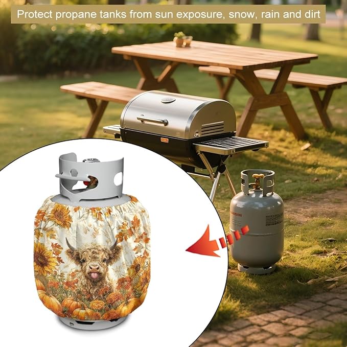 Fall Propane Tank Cover 20lb Highland Cow Gas Tank Cylinder Cover for Outdoor Easy to Install RV Gas Cylinder Storage Pocket for Yard Party RV Travel Trailer